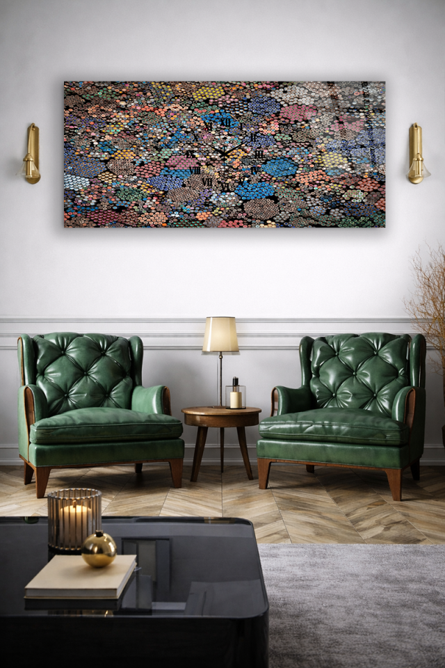 KIRILMAZ CAM DUVAR SAATİ , HEM TABLO HEM SAAT RENKLİ MOZAİK NOKTA DESEN MODERN EV OFİS HEDİYESİ