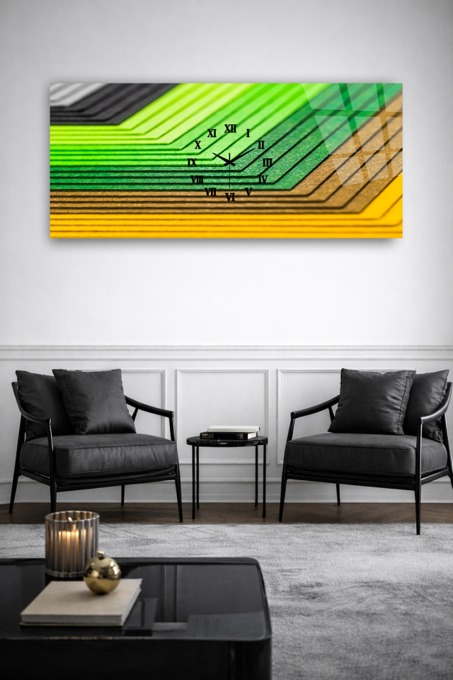 KIRILMAZ CAM DUVAR SAATİ , HEM TABLO HEM SAAT YEŞİL SARI ÇİZGİLİ EV OFİS HEDİYESİ