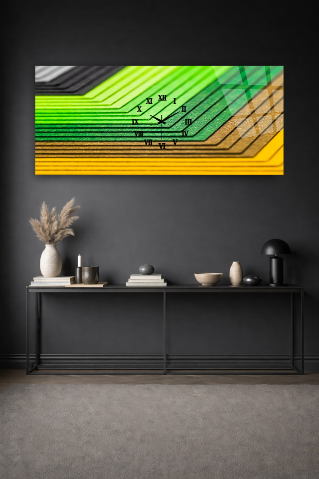 KIRILMAZ CAM DUVAR SAATİ , HEM TABLO HEM SAAT YEŞİL SARI ÇİZGİLİ EV OFİS HEDİYESİ