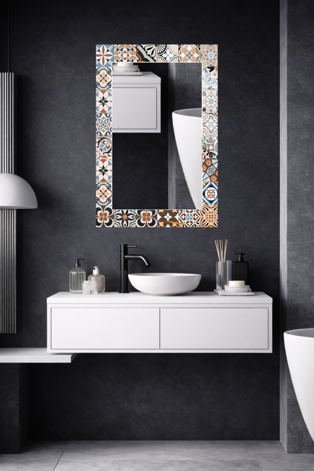 HEM TABLO HEM AYNA PATCHWORK SERAMİK DESEN CAM DUVAR AYNASI EV DEKORU