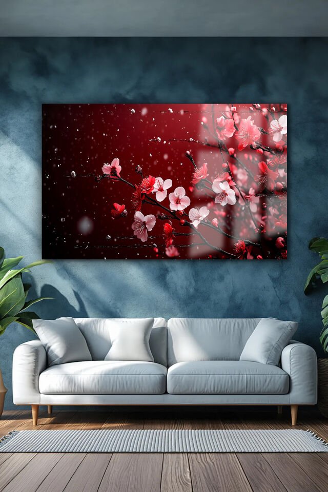 KIRMIZI VE SİYAHIN HARİKA UYUMU AÇAN ÇİÇEKLER LÜKS KIRILMAZ CAM TABLO EV HEDİYESİ TABLO