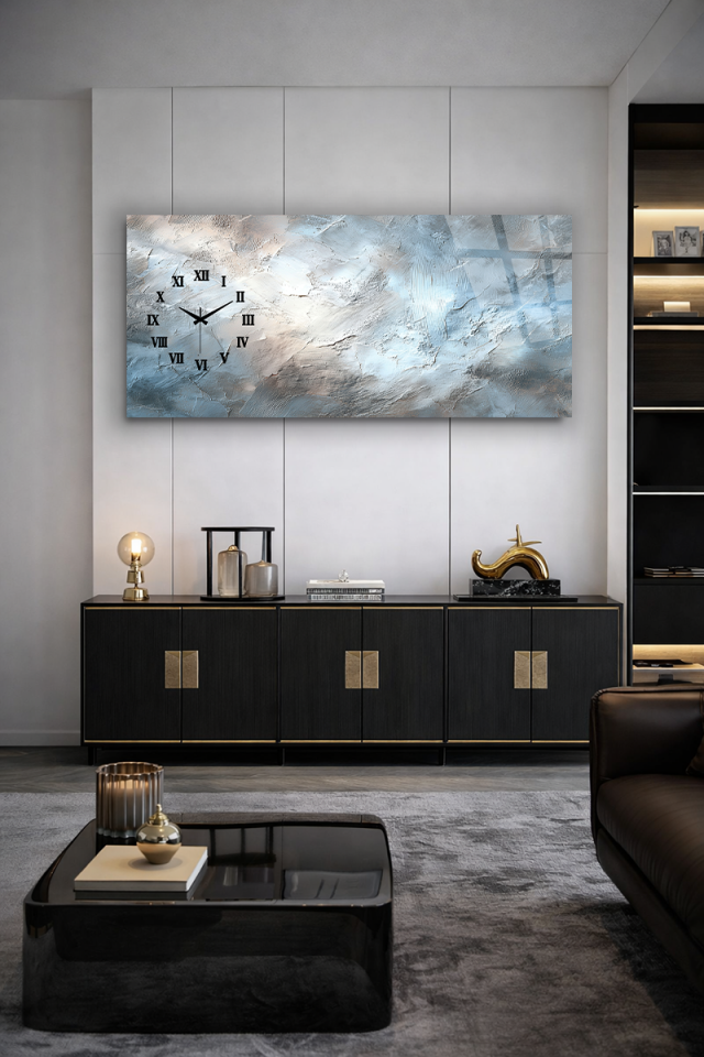 KIRILMAZ CAM DUVAR SAATİ , HEM TABLO HEM SAAT SOFT GRİ DOKULU MINIMAL TASARIM EV OFİS HEDİYESİ