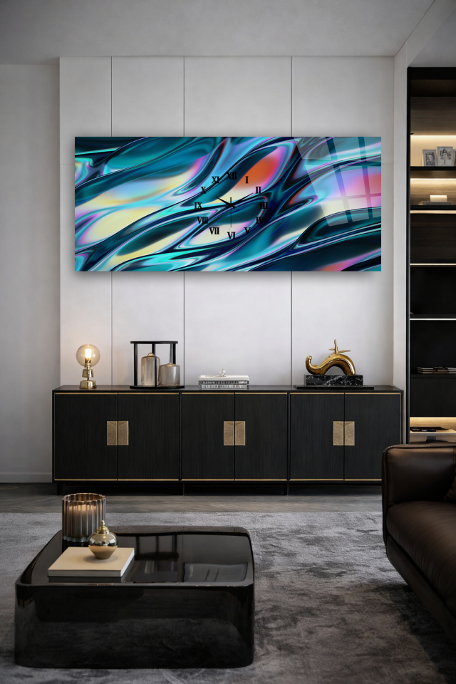 KIRILMAZ CAM DUVAR SAATİ , HEM TABLO HEM SAAT AKIŞKAN HOLOGRAFİK EV OFİS HEDİYESİ