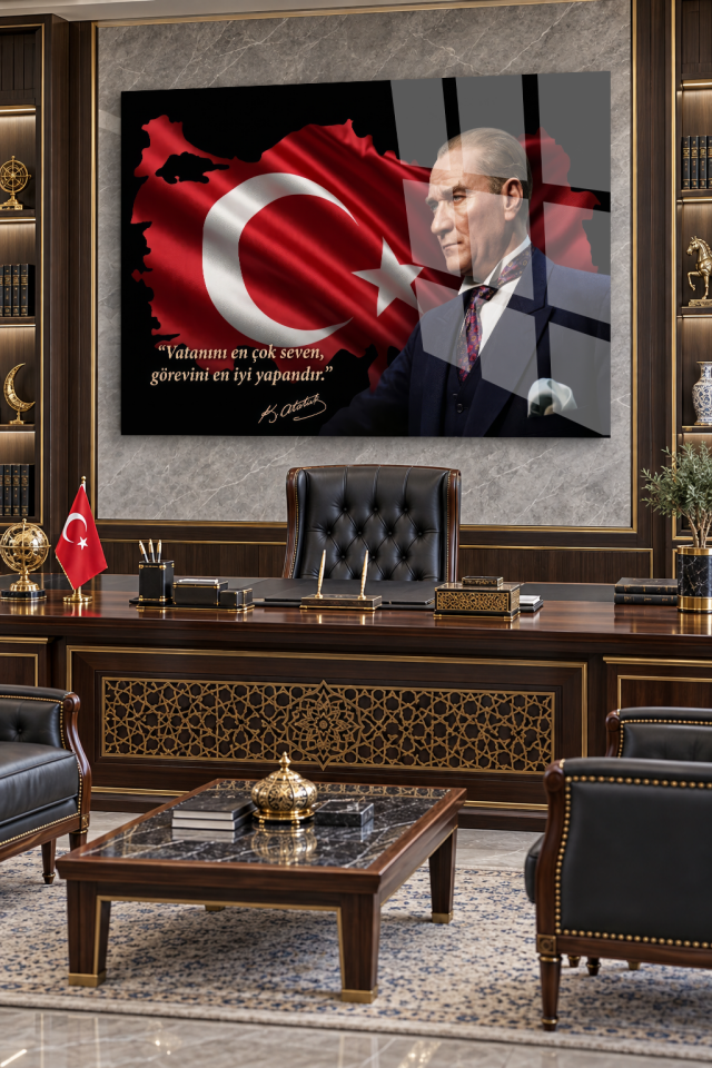 ATATÜRK VE TÜRK BAYRAĞI SÖZ YAZILI DEKORATİF CAM TABLO OFİS HEDİYESİ