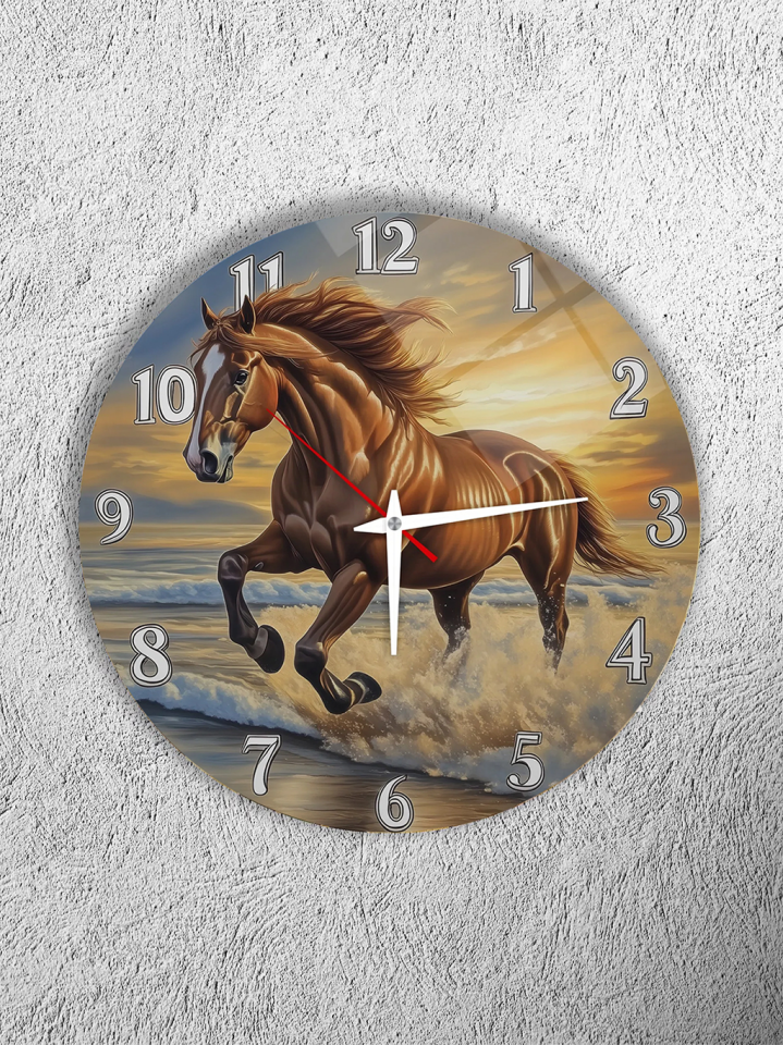 KIRILMAZ CAM DUVAR SAATİ, HEM TABLO HEM SAAT SAHİLDE KOŞAN AT MANZARA TASARIM EV OFİS HEDİYESİ