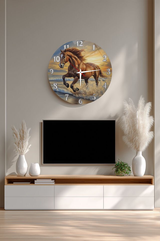 KIRILMAZ CAM DUVAR SAATİ, HEM TABLO HEM SAAT SAHİLDE KOŞAN AT MANZARA TASARIM EV OFİS HEDİYESİ