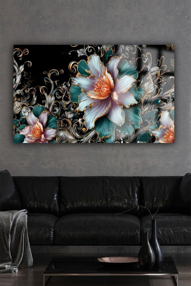 ELMAS YAPRAKLI LOTUS ÇİÇEĞİ LÜKS KIRILMAZ CAM TABLO EV HEDİYESİ TABLO