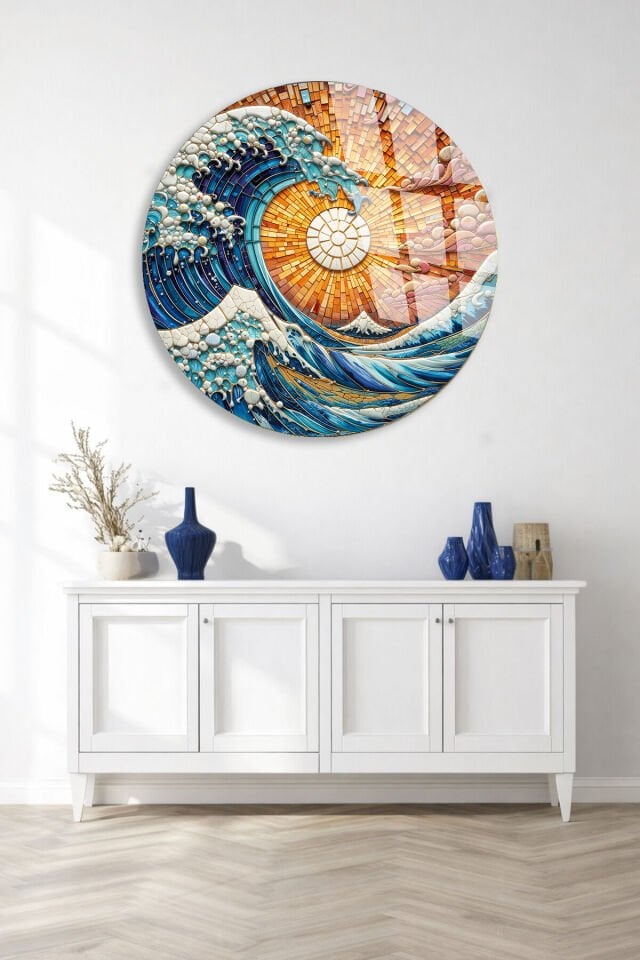 KIRILMAZ CAM DUVAR TABLOSU – OKYANUS DALGA MOZAİK SANAT TASARIMI | MODERN DENİZ TEMASI