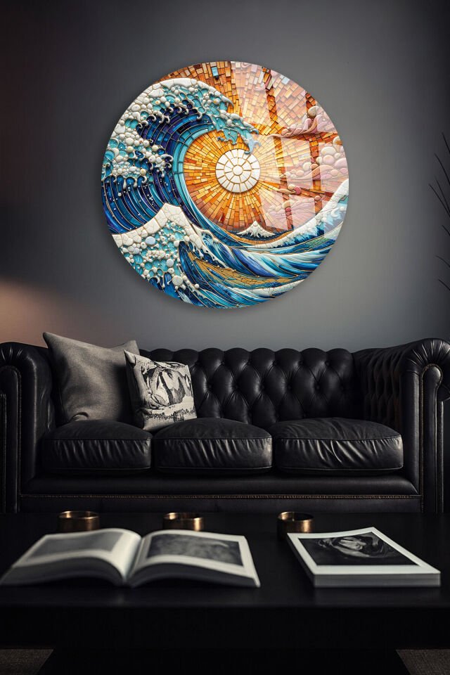 KIRILMAZ CAM DUVAR TABLOSU – OKYANUS DALGA MOZAİK SANAT TASARIMI | MODERN DENİZ TEMASI