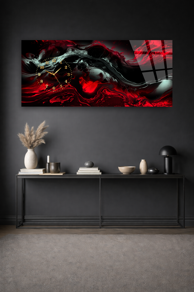 KIRILMAZ CAM DUVAR SAATİ , HEM TABLO HEM SAAT KIRMIZI SİYAH SOYUT DESEN EV OFİS HEDİYESİ