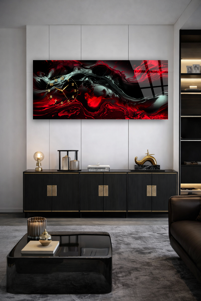 KIRILMAZ CAM DUVAR SAATİ , HEM TABLO HEM SAAT KIRMIZI SİYAH SOYUT DESEN EV OFİS HEDİYESİ