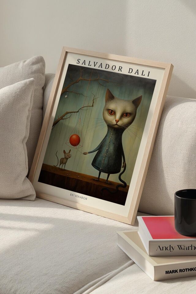 DOĞAL AHŞAP - Salvador Dali Kırmızı Toplu Kedi Figürü Ahşap Çerçeveli Duvar Tablosu