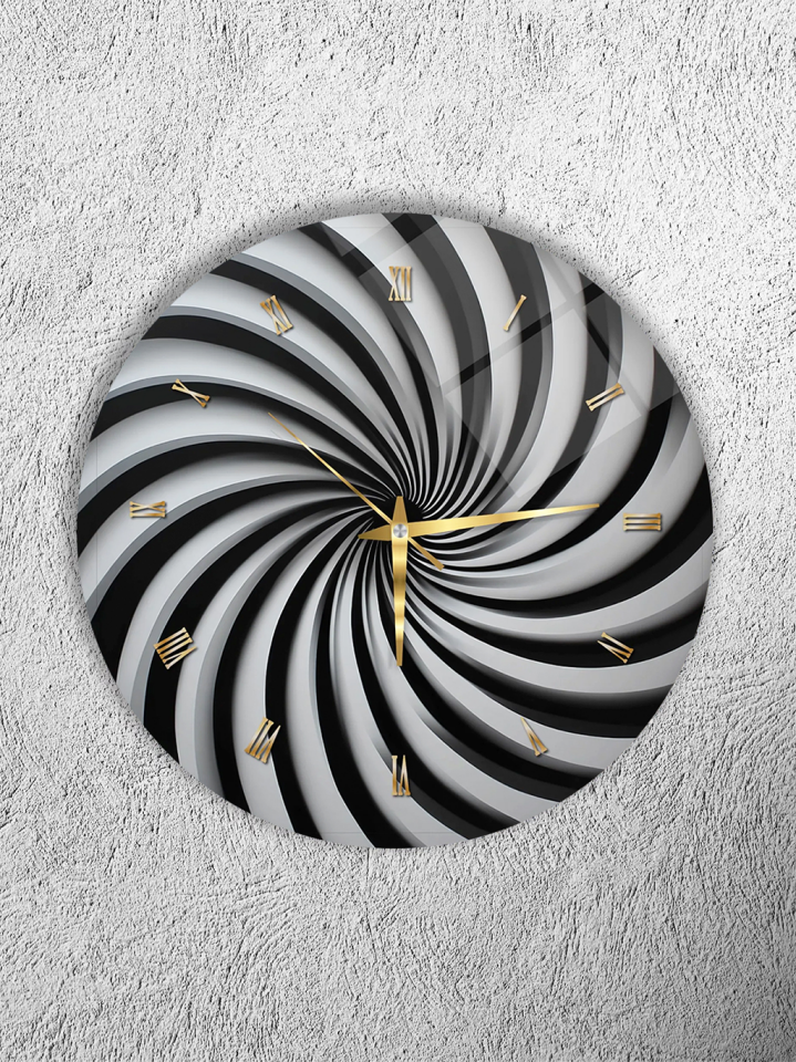 KIRILMAZ CAM DUVAR SAATİ, HEM TABLO HEM SAAT SİYAH BEYAZ SPİRAL OPTİK DESEN EV OFİS HEDİYESİ