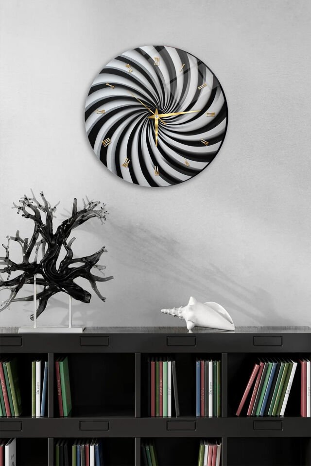 KIRILMAZ CAM DUVAR SAATİ, HEM TABLO HEM SAAT SİYAH BEYAZ SPİRAL OPTİK DESEN EV OFİS HEDİYESİ