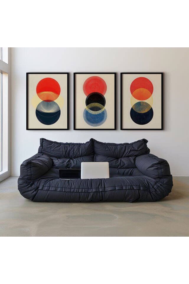 SİYAH - Abstract Geometrik Minimalizm Üçlü Doğal Ahşap Çerçeveli Duvar Tablo Seti