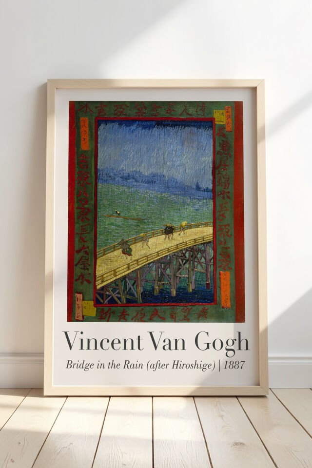 DOĞAL AHŞAP - Vincent Van Gogh Yağmur Altında Köprü 1887 Vintage Doğal Ahşap Çerçeveli Duvar Tablosu