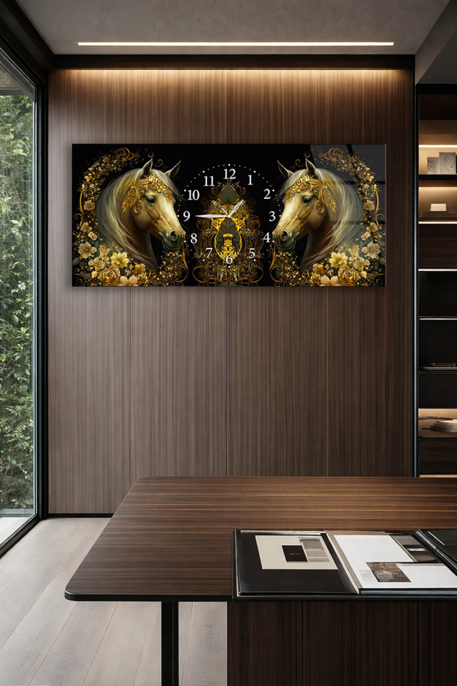 KIRILMAZ CAM DUVAR SAATİ , HEM TABLO HEM SAAT ALTIN DETAYLI ÇİFT AT TASARIMI EV OFİS HEDİYESİ