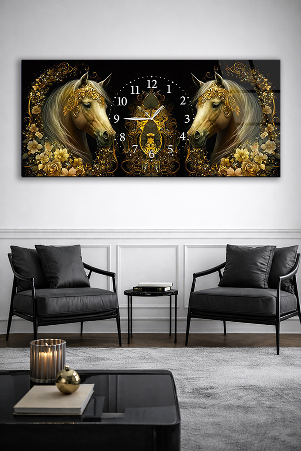 KIRILMAZ CAM DUVAR SAATİ , HEM TABLO HEM SAAT ALTIN DETAYLI ÇİFT AT TASARIMI EV OFİS HEDİYESİ