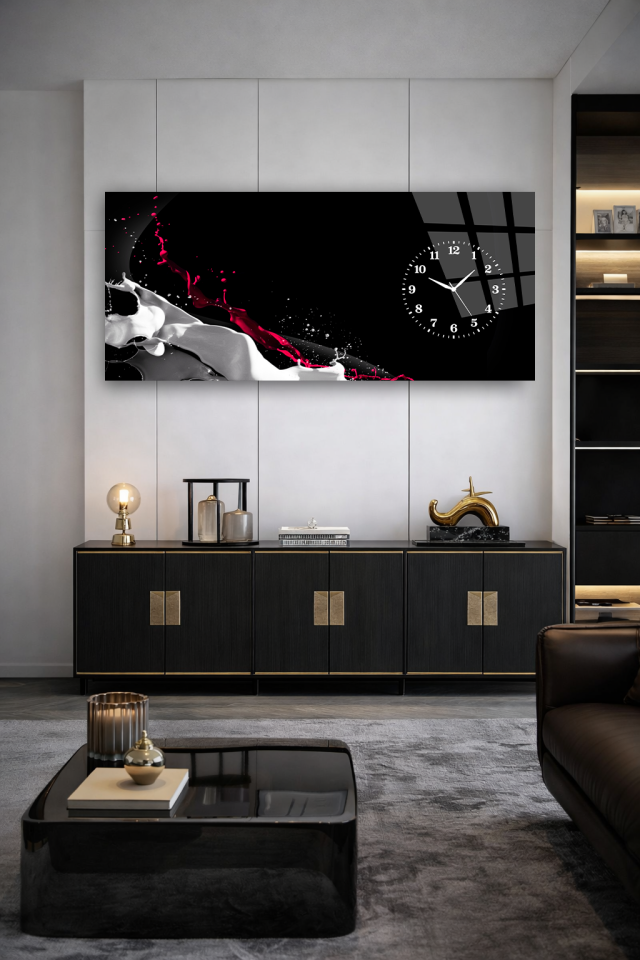 KIRILMAZ CAM DUVAR SAATİ , HEM TABLO HEM SAAT SİYAH BEYAZ KIRMIZI AKIŞ EV OFİS HEDİYESİ