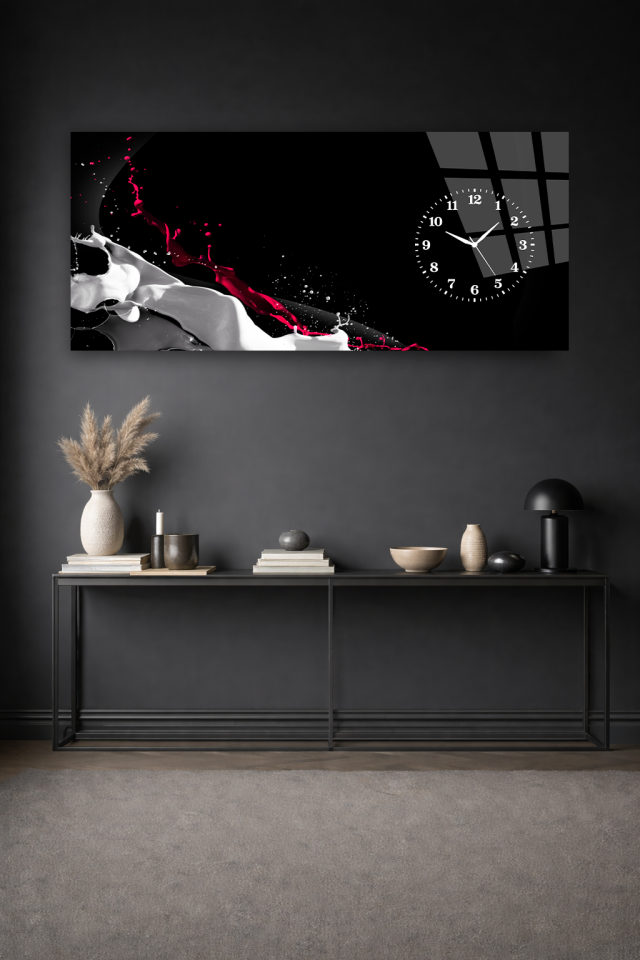 KIRILMAZ CAM DUVAR SAATİ , HEM TABLO HEM SAAT SİYAH BEYAZ KIRMIZI AKIŞ EV OFİS HEDİYESİ