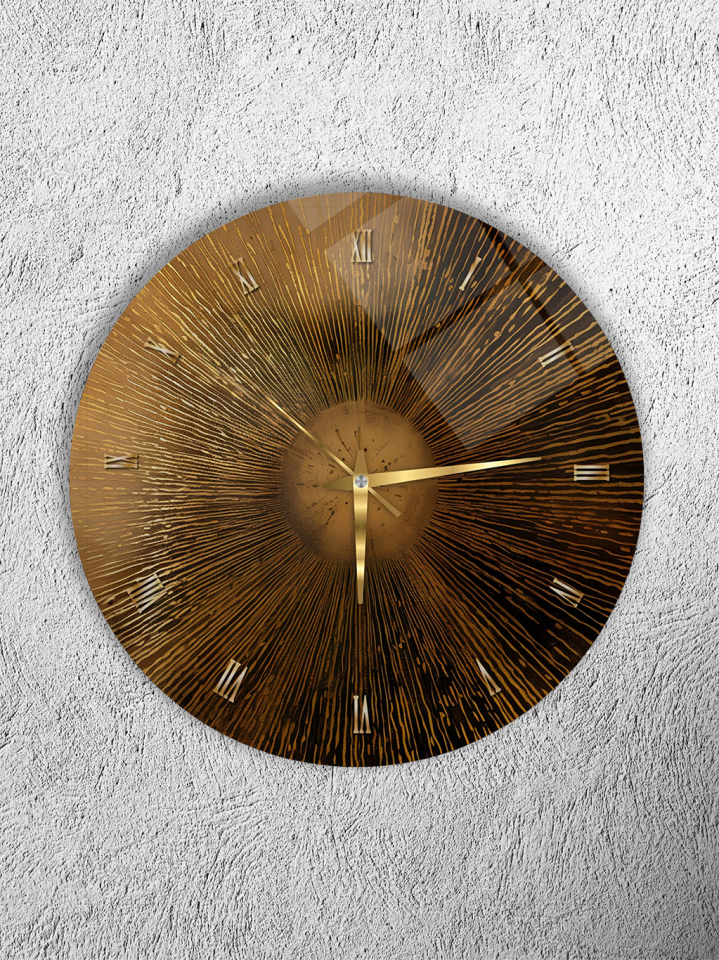 KIRILMAZ CAM DUVAR SAATİ, HEM TABLO HEM SAAT GOLD IŞILTILI GÜNEŞ IŞINI DESEN LÜKS TASARIM EV OFİS HEDİYESİ