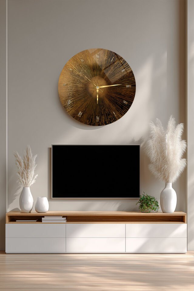 KIRILMAZ CAM DUVAR SAATİ, HEM TABLO HEM SAAT GOLD IŞILTILI GÜNEŞ IŞINI DESEN LÜKS TASARIM EV OFİS HEDİYESİ