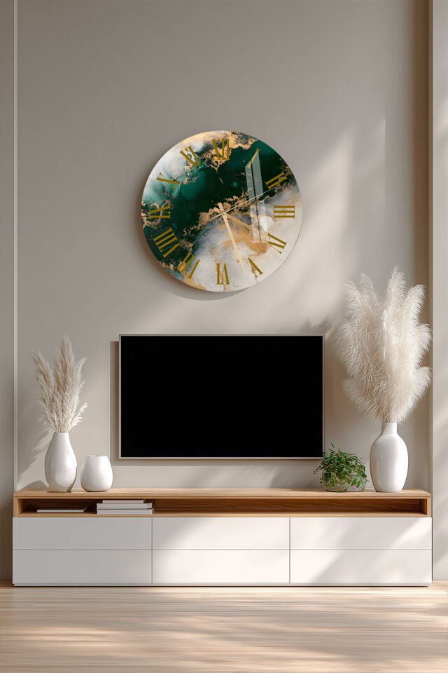 KIRILMAZ CAM DUVAR SAATİ, HEM TABLO HEM SAAT YEŞİL ALTIN MERMER DOKULU MODERN TASARIM EV OFİS HEDİYESİ