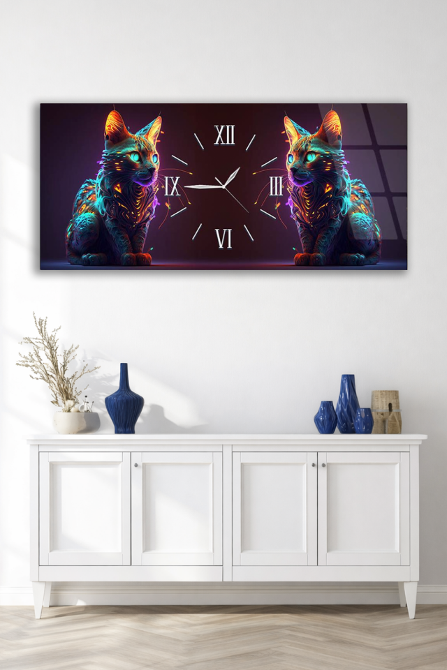 KIRILMAZ CAM DUVAR SAATİ , HEM TABLO HEM SAAT NEON KEDİ TASARIMI MODERN EV OFİS HEDİYESİ