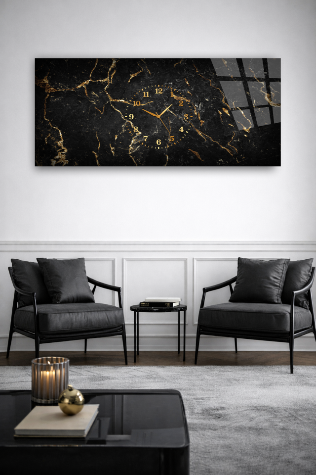 KIRILMAZ CAM DUVAR SAATİ , HEM TABLO HEM SAAT SİYAH ALTIN MERMER DOKU EV OFİS HEDİYESİ