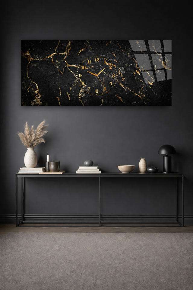 KIRILMAZ CAM DUVAR SAATİ , HEM TABLO HEM SAAT SİYAH ALTIN MERMER DOKU EV OFİS HEDİYESİ