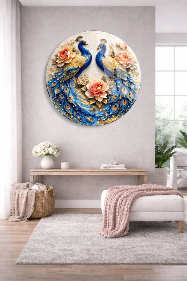 KIRILMAZ CAM DUVAR TABLOSU – ÇİFT TAVUS KUŞU ÇİÇEKLİ SANAT TASARIMI | LÜKS DEKOR