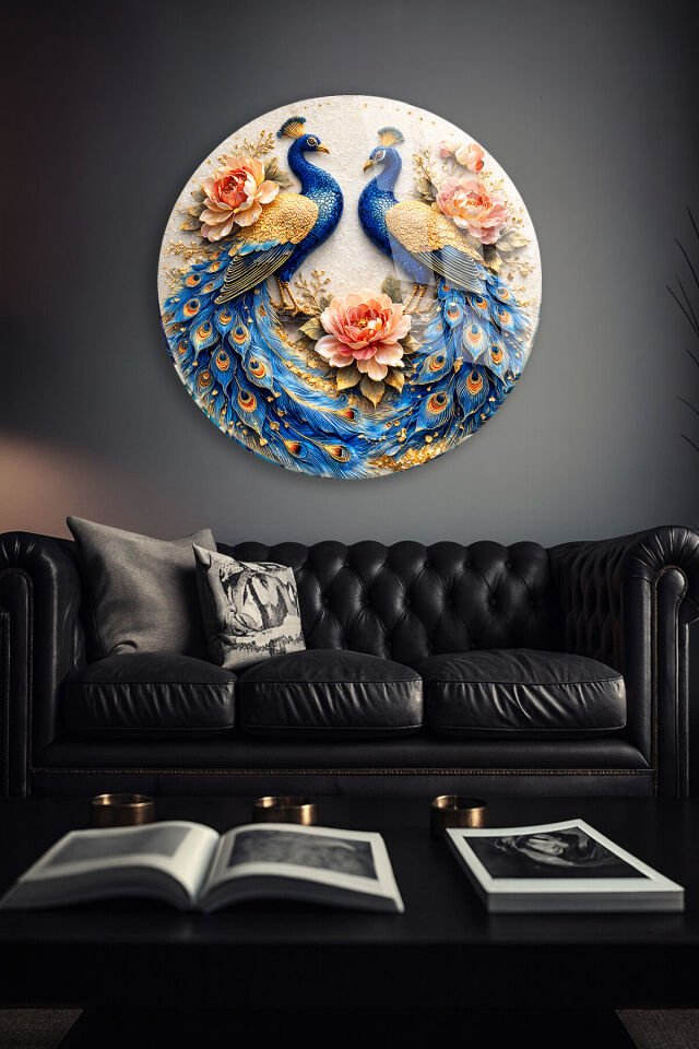 KIRILMAZ CAM DUVAR TABLOSU – ÇİFT TAVUS KUŞU ÇİÇEKLİ SANAT TASARIMI | LÜKS DEKOR