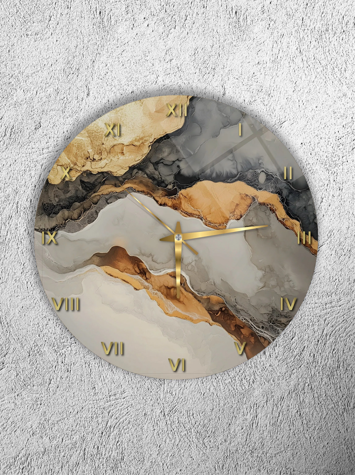 KIRILMAZ CAM DUVAR SAATİ, HEM TABLO HEM SAAT MERMER DOKU ALTIN DAMAR DESENLİ MODERN TASARIM EV OFİS HEDİYESİ