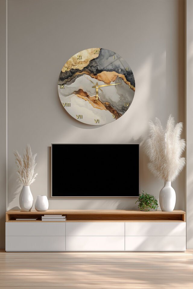 KIRILMAZ CAM DUVAR SAATİ, HEM TABLO HEM SAAT MERMER DOKU ALTIN DAMAR DESENLİ MODERN TASARIM EV OFİS HEDİYESİ