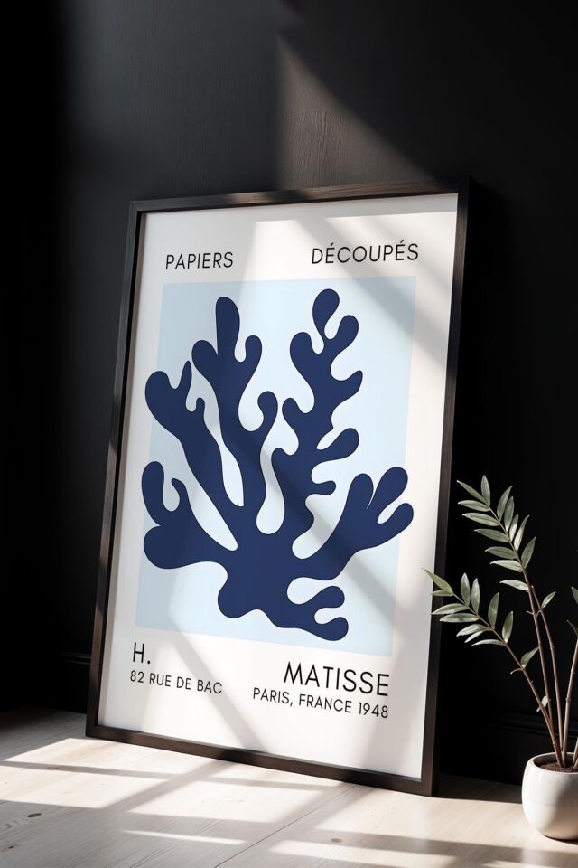 SİYAH - Botanik Serisi Mavi Çiçekli Matisse Doğal Ahşap Çerçeveli Duvar Tablosu