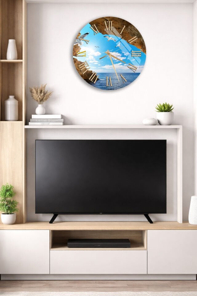 KIRILMAZ CAM DUVAR SAATİ, HEM TABLO HEM SAAT DENİZ VE MARTI MANZARALI EV OFİS HEDİYESİ