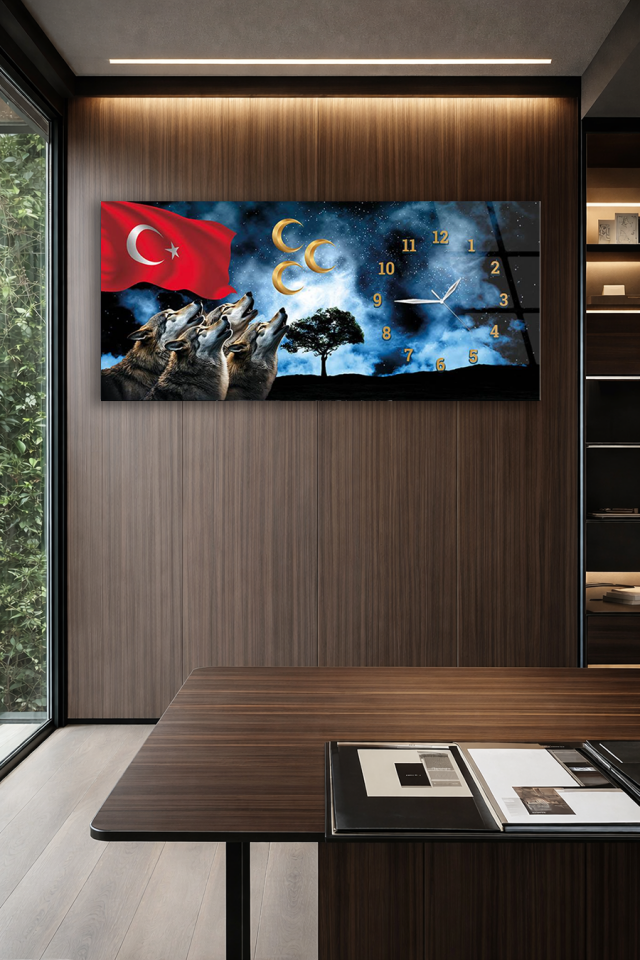 KIRILMAZ CAM DUVAR SAATİ , HEM TABLO HEM SAAT BOZKURT ÜÇ HİLAL TÜRK BAYRAĞI EV OFİS HEDİYESİ