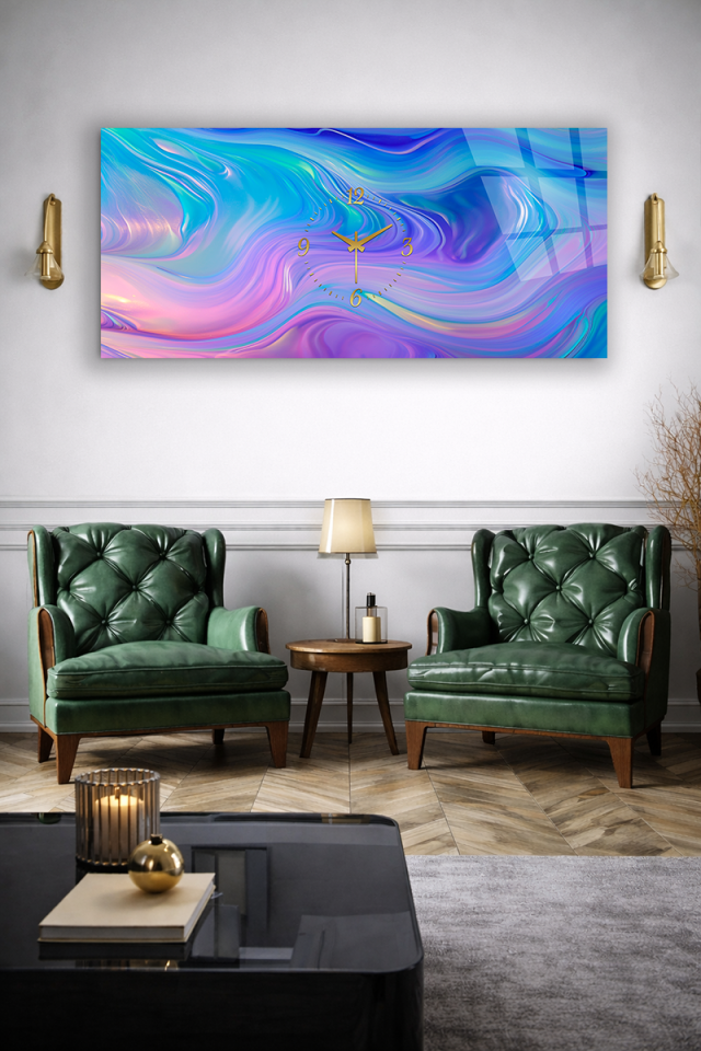 KIRILMAZ CAM DUVAR SAATİ , HEM TABLO HEM SAAT PASTEL MAVİ MOR AKIŞ EV OFİS HEDİYESİ