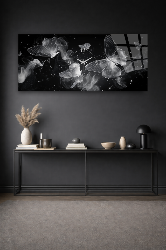 KIRILMAZ CAM DUVAR SAATİ , HEM TABLO HEM SAAT SİYAH ZEMİN BEYAZ KELEBEKLER EV OFİS HEDİYESİ
