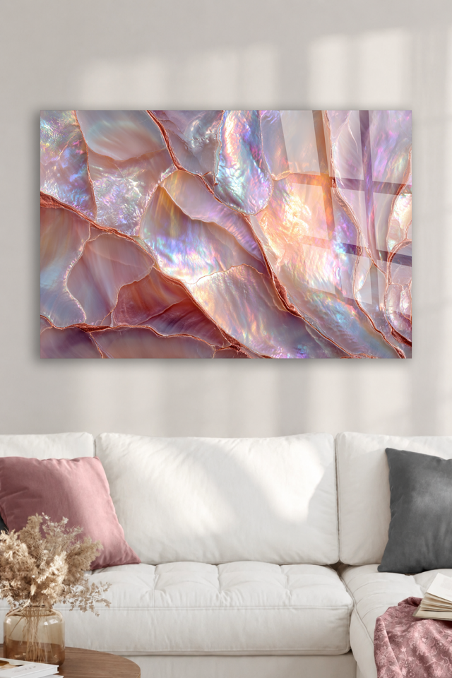Pembe Rose Gold Sedef Mermer Desenli Cam Tablo Soyut Işıltılı Salon Duvar Dekoru
