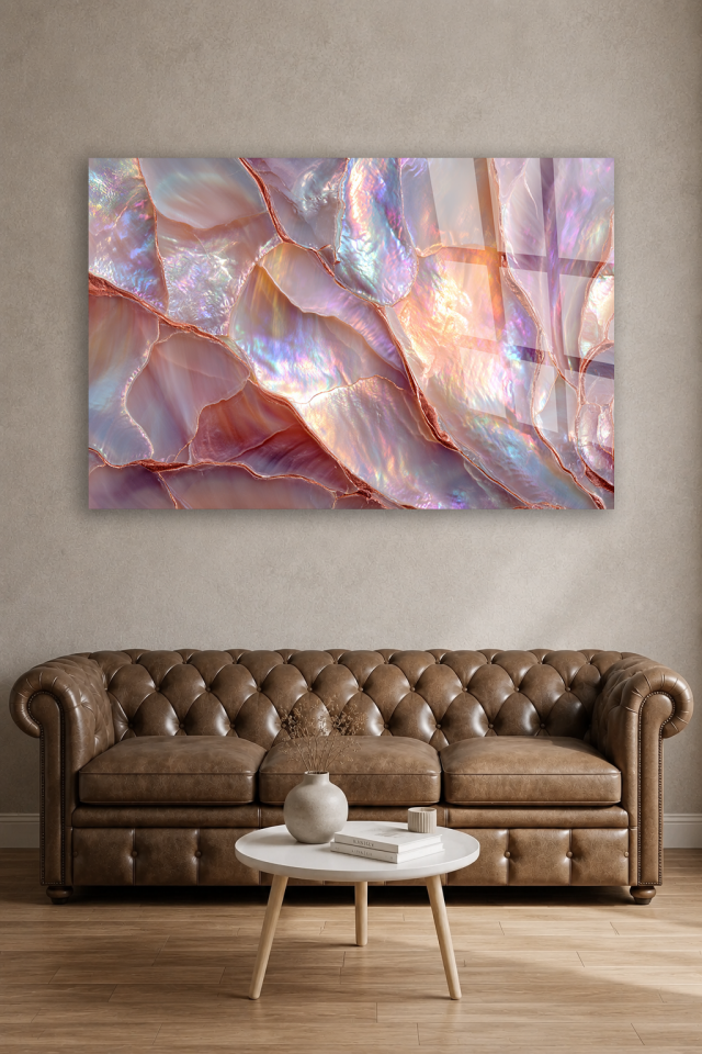 Pembe Rose Gold Sedef Mermer Desenli Cam Tablo Soyut Işıltılı Salon Duvar Dekoru