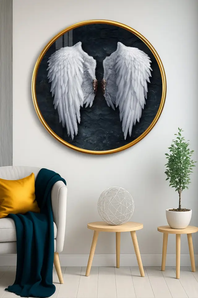 MELEK KANATI SİYAHIN UYUMU TASARIMI YUVARLAK KIRILMAZ MODERN CAM TABLO EV HEDİYESİ LÜKS ODA TABLOSU Beyaz