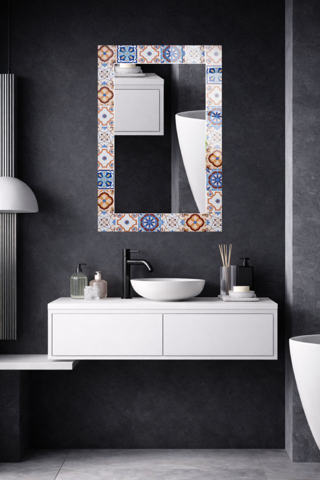 HEM TABLO HEM AYNA RETRO KARO SERAMİK DESEN CAM DUVAR AYNASI EV DEKORU