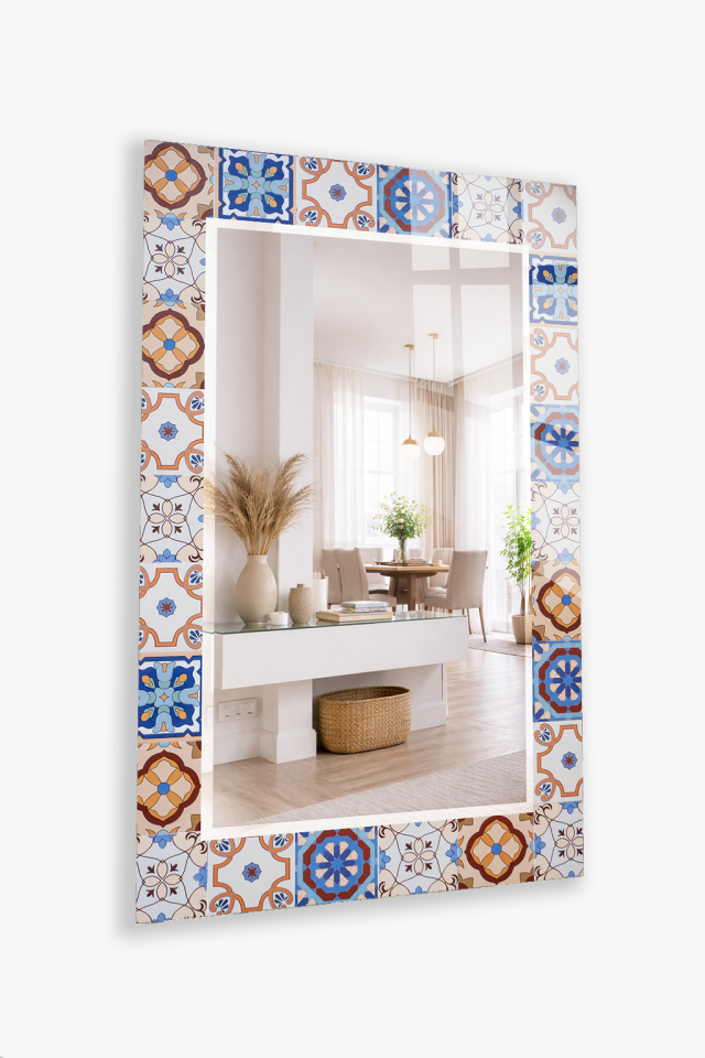 HEM TABLO HEM AYNA RETRO KARO SERAMİK DESEN CAM DUVAR AYNASI EV DEKORU