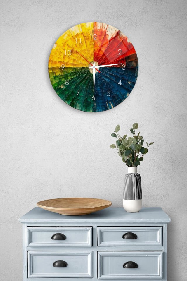 KIRILMAZ CAM DUVAR SAATİ, HEM TABLO HEM SAAT RENK GEÇİŞLİ SOYUT SANAT TASARIMI MODERN DEKORATİF EV OFİS HEDİYESİ