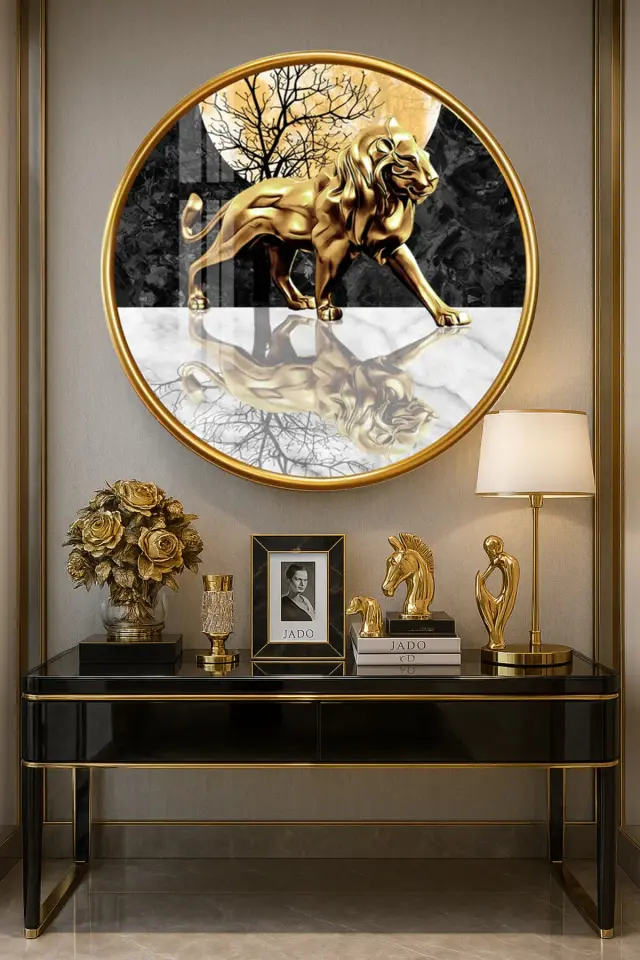 ALTIN ASLAN TASARIMI YUVARLAK KIRILMAZ MODERN CAM TABLO EV HEDİYESİ LÜKS ODA TABLOSU Metalik