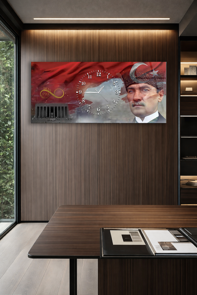 KIRILMAZ CAM DUVAR SAATİ , HEM TABLO HEM SAAT ATATÜRK ANITKABİR TÜRK BAYRAĞI EV OFİS HEDİYESİ