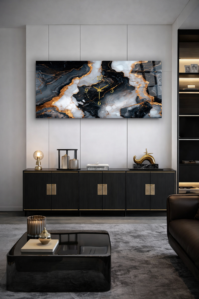 KIRILMAZ CAM DUVAR SAATİ , HEM TABLO HEM SAAT SİYAH MERMER ALTIN DAMAR EV OFİS HEDİYESİ