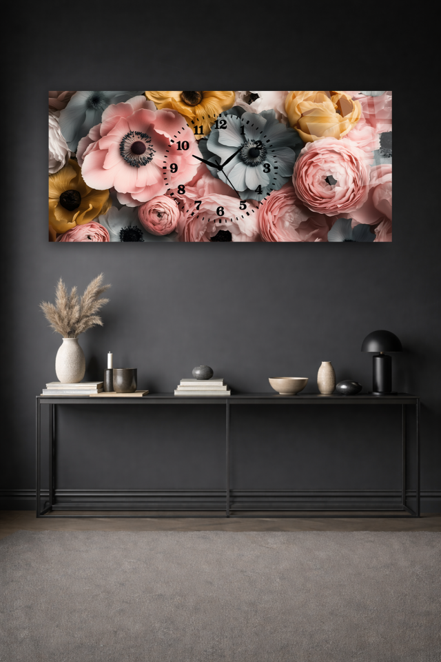 KIRILMAZ CAM DUVAR SAATİ , HEM TABLO HEM SAAT PASTEL ÇİÇEK DESENİ EV OFİS HEDİYESİ