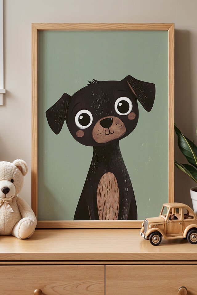 DOĞAL AHŞAP - Sevimli Kahverengi Köpek Çocuk Odası Ahşap Çerçeveli Duvar Tablosu